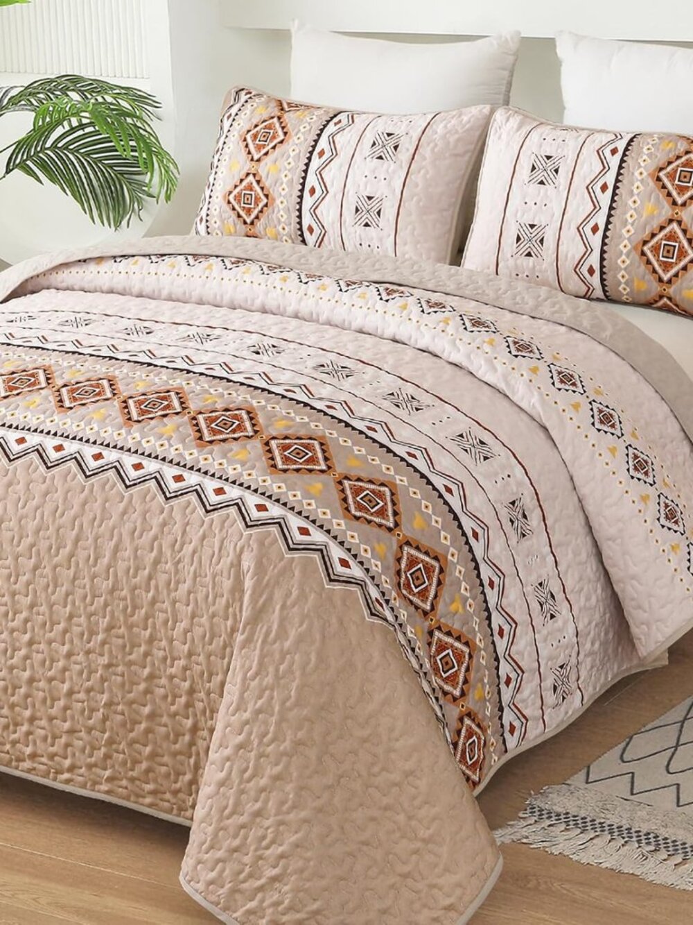 Queen Boho Quilt Set, Beige Fall Thanksgiving Bedspread